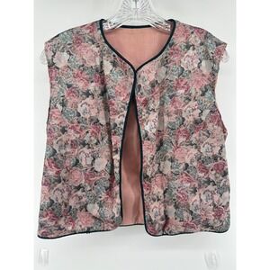 Vintage Handmade Floral Tapestry Vest Pink Rose Brocade Open Front Cottagecore
